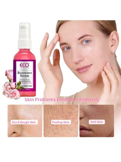 ECO FINEST مصل الوجه بماء الورد والحمض الهيالورونيك لبشرة جافة إلى مختلطة ، منظف مائي مرطب يحسن المسام ويقلل ظهور الخطوط الدقيقة والتجاعيد | رذاذ ماء الورد للوجه - للبشرة الناعمة المشرقة، خالي من الكحول ، 30مل/1.0أونصة سائلة