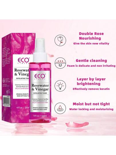 ECO FINEST مرطب الوجه المائي والخل الطبيعي المقشر، بخاخ الوجه المنعش، يُنظف ويرطب المسام، يُنقي البشرة والفروة الشعرية، يُنعم ويُرطب البشرة، سيروم مرطب بزيت زهرة الورد الدمشقي لإنعاش وترطيب جميع أنواع البشرة 4 أونصة سائلة
