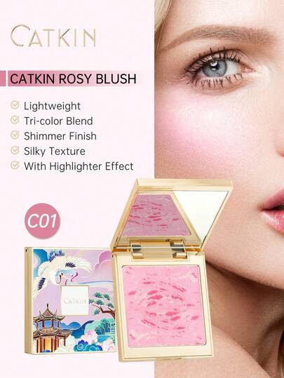 CATKIN بلاشر وبرايتنر بودرة طبيعية ذات لمعة، بلاشر مخبوز قابل للمزج بسلاسة، طبعة C01