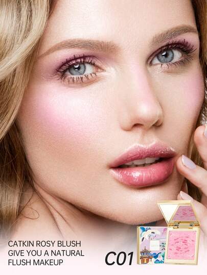 CATKIN بلاشر وبرايتنر بودرة طبيعية ذات لمعة، بلاشر مخبوز قابل للمزج بسلاسة، طبعة C01