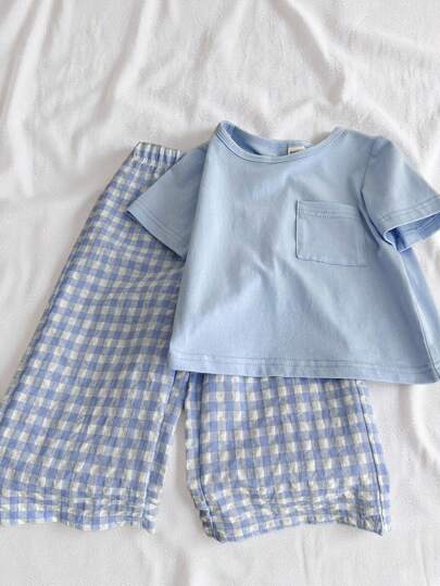 SHEIN Vintaside Kids طقم ملابس علوية قصيرة الأكمام وبنطال مربعات لطيف للأولاد الرضع، مناسب للصيف، البيت والسفر، 2 قطعة