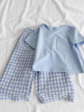 SHEIN Vintaside Kids طقم ملابس علوية قصيرة الأكمام وبنطال مربعات لطيف للأولاد الرضع، مناسب للصيف، البيت والسفر، 2 قطعة