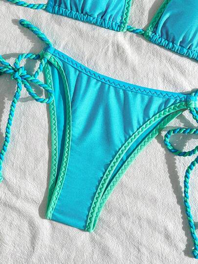 طقم تانكيني حريمي Bikinx مجموعة بكيني بقطعتين، بكيني بحبكة جانبية مع ربطة، سباغيتي ستراب هالتر لون التباين، ملابس نسائية جميلة للسباحة في الصيف