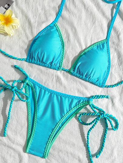 طقم تانكيني حريمي Bikinx مجموعة بكيني بقطعتين، بكيني بحبكة جانبية مع ربطة، سباغيتي ستراب هالتر لون التباين، ملابس نسائية جميلة للسباحة في الصيف