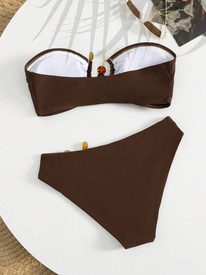 Swim Vcay طقم بكيني للنساء مزين بالمعدن الجذاب، بدون حمالات، لون أساسي صلب غير منتظم، مناسب للشاطئ والحفلات والعطلات في الربيع والصيف