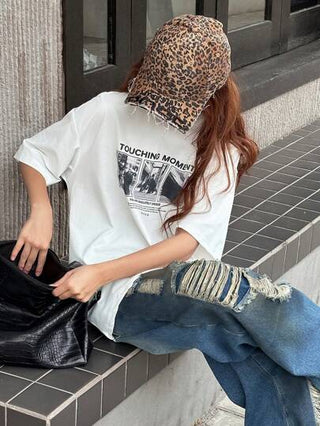 ملابس بناتي DAZY قميص تي شيرت للفتيات قصير الأكمام بياقة منحرفة مطبوع