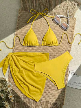 Swim Vcay بكيني مطبوع بنقشة الأزهار باللون الأصفر، طقم ملابس سباحة للنساء، 3 قطع