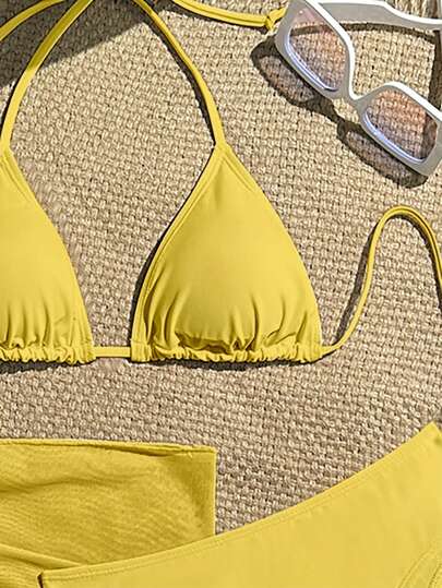 Swim Vcay بكيني مطبوع بنقشة الأزهار باللون الأصفر، طقم ملابس سباحة للنساء، 3 قطع