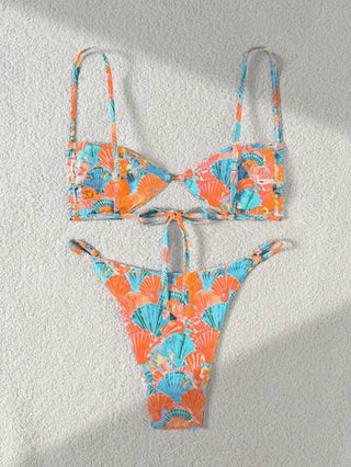 طقم تانكيني حريمي Swim Mod مجموعة ملابس سباحة للنساء مكونة من 2 قطعة، ملابس علوية من نوع تانكيني ذو أشرطة رفيعة وبطانة سفلية من البكيني، بطبعة عشوائية من أصداف الصدف بلون أخضر ليموني مع لمسات من الذهب