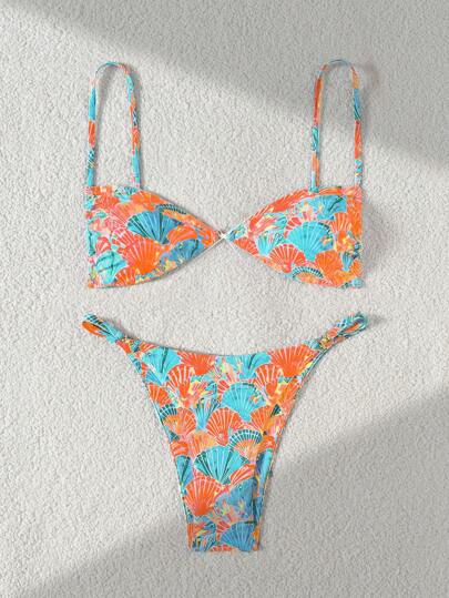 طقم تانكيني حريمي Swim Mod مجموعة ملابس سباحة للنساء مكونة من 2 قطعة، ملابس علوية من نوع تانكيني ذو أشرطة رفيعة وبطانة سفلية من البكيني، بطبعة عشوائية من أصداف الصدف بلون أخضر ليموني مع لمسات من الذهب