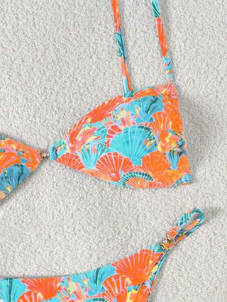 طقم تانكيني حريمي Swim Mod مجموعة ملابس سباحة للنساء مكونة من 2 قطعة، ملابس علوية من نوع تانكيني ذو أشرطة رفيعة وبطانة سفلية من البكيني، بطبعة عشوائية من أصداف الصدف بلون أخضر ليموني مع لمسات من الذهب