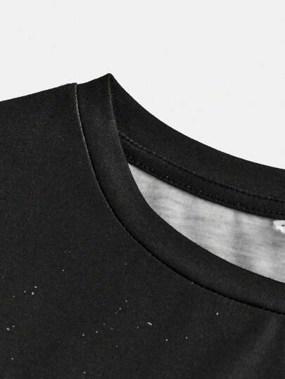 SHEIN مجموعة ل2 قطعة ملابس حريمي بنطال بسحاب وتي شيرت بياقة طاقم بأكمام قصيرة ومطبوع لبراعم الفتيان، ملابس رياضية كاجوال
