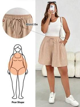 SHEIN Essnce شورت نسائي كاجوال فضفاض وناعم للربيع والصيف، خصر مطاطي، لون كاكي، طراز بسيط، مناسب للخروج، بنطلون فضفاض، طراز أوروبي صيفي، للمطار، طراز بوهيمي، للعطلات، طراز المال القديم، شورت مريح، شورت متدفق، شورت برمودا