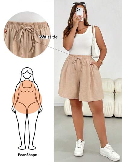 SHEIN Essnce شورت نسائي كاجوال فضفاض وناعم للربيع والصيف، خصر مطاطي، لون كاكي، طراز بسيط، مناسب للخروج، بنطلون فضفاض، طراز أوروبي صيفي، للمطار، طراز بوهيمي، للعطلات، طراز المال القديم، شورت مريح، شورت متدفق، شورت برمودا