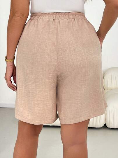 SHEIN Essnce شورت نسائي كاجوال فضفاض وناعم للربيع والصيف، خصر مطاطي، لون كاكي، طراز بسيط، مناسب للخروج، بنطلون فضفاض، طراز أوروبي صيفي، للمطار، طراز بوهيمي، للعطلات، طراز المال القديم، شورت مريح، شورت متدفق، شورت برمودا