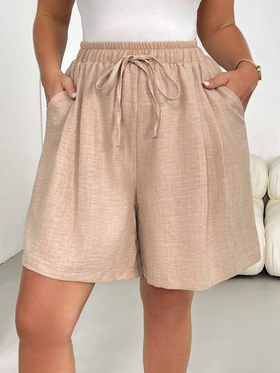 SHEIN Essnce شورت نسائي كاجوال فضفاض وناعم للربيع والصيف، خصر مطاطي، لون كاكي، طراز بسيط، مناسب للخروج، بنطلون فضفاض، طراز أوروبي صيفي، للمطار، طراز بوهيمي، للعطلات، طراز المال القديم، شورت مريح، شورت متدفق، شورت برمودا