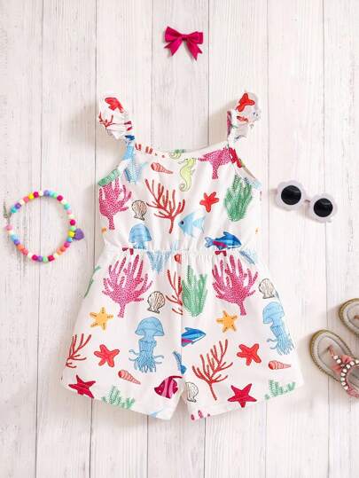 Travachic KIDS بدلة رومبير للأطفال الرضع الفتيات، محبوكة عارية مناسبة للصيف بنمط كارتون جذاب