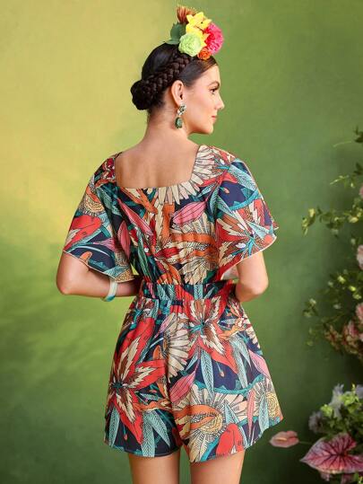 Frida Kahlo X  X Designer Oxana بدلة حريمي قصيرة الأكمام أوف شولدر مع طباعة الأزهار، رومبير نسائي لأوقات الصيف والعطلات