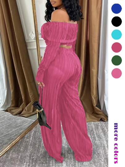 مجموعة بنطلون وبلوزة كروب ذات أكمام طويلة وكتف مكشوف وأزرار أمامية مكسرة بتصميم أنيق وألوان صلبة، لون وردي للربيع، قطعتان