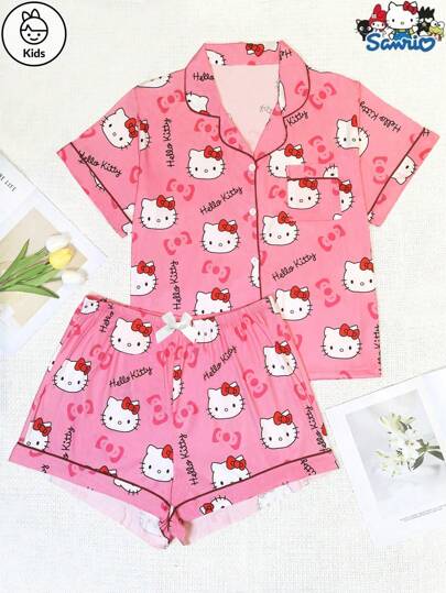 بيجاما Sanrio [رخصة رسمية] مجموعة مكونة من 2 قطعة للبنات الأطفال والأطفال الرضع هالو كيتي وقطة الكرتون طباعة حرف أربطة قصيرة الأكمام وشورت ملابس منزلية مريحة بيجاما