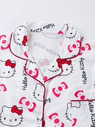 بيجاما Sanrio [رسمي مرخص] مجموعة بيجاما فتيات أطفال حديثي الولادة "سانريو" هالو كيتي طباعة أحرف وفيونكة - كارديجان طوق بولو مع جيب وصدرية 2 قطعة