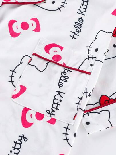 بيجاما Sanrio [رسمي مرخص] مجموعة بيجاما فتيات أطفال حديثي الولادة "سانريو" هالو كيتي طباعة أحرف وفيونكة - كارديجان طوق بولو مع جيب وصدرية 2 قطعة