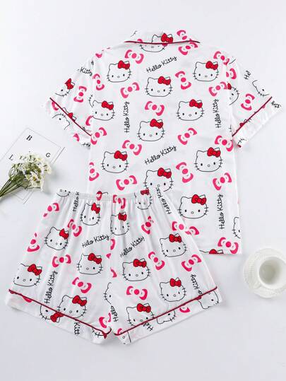 بيجاما Sanrio [رسمي مرخص] مجموعة بيجاما فتيات أطفال حديثي الولادة "سانريو" هالو كيتي طباعة أحرف وفيونكة - كارديجان طوق بولو مع جيب وصدرية 2 قطعة