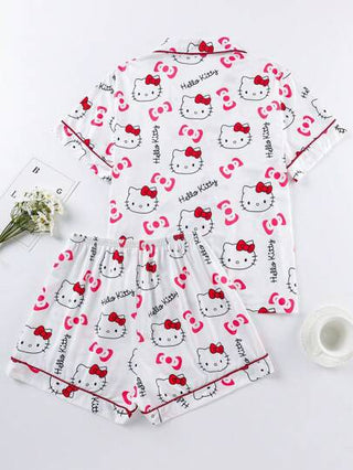 بيجاما Sanrio [رسمي مرخص] مجموعة بيجاما فتيات أطفال حديثي الولادة "سانريو" هالو كيتي طباعة أحرف وفيونكة - كارديجان طوق بولو مع جيب وصدرية 2 قطعة