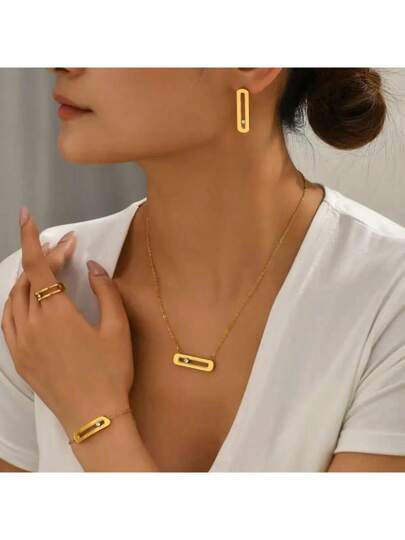 طقم مجوهرات معدني بسيط 4 قطع - قلادة وأقراط وخواتم، هدية عادية للنساء، اكسسوارات حفلات