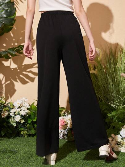 SHEIN بنطلون بساق واسع وخصر عالي وأزرار أمامية فتاة