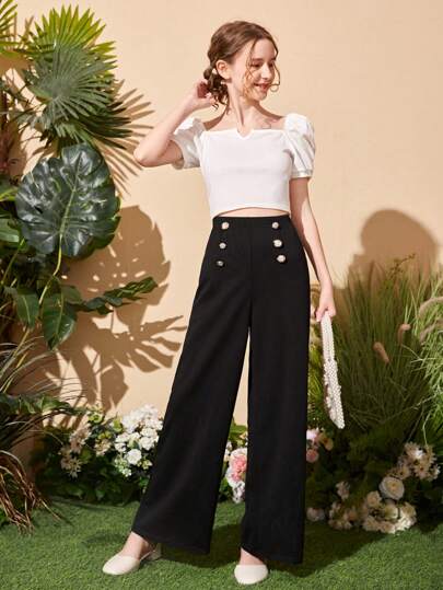 SHEIN بنطلون بساق واسع وخصر عالي وأزرار أمامية فتاة