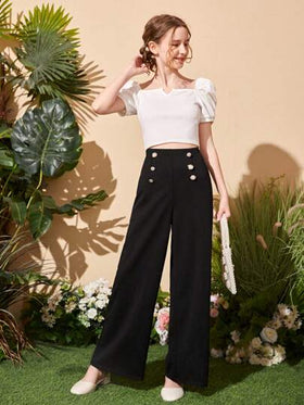 SHEIN بنطلون بساق واسع وخصر عالي وأزرار أمامية فتاة