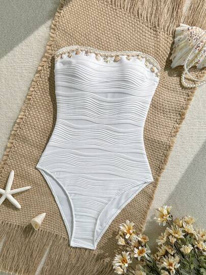 Swim Vcay ملابس نسائية صيفية على الشاطئ من قماش ذا ملمس خشن بتصميم صدفة وجنمية البحر قابلة للفصل وسترة حلقية ومكشوفة الظهر وأحادية القطعة مثيرة