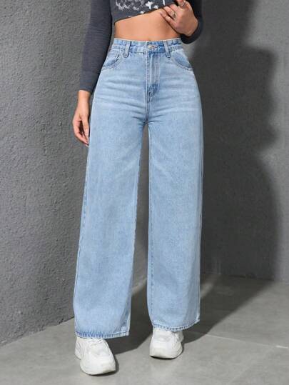 SHEIN EZwear بنطال جينز فضفاض واسع الساق مع جيوب للنساء