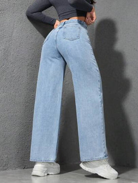 SHEIN EZwear بنطال جينز فضفاض واسع الساق مع جيوب للنساء