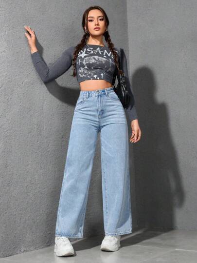 SHEIN EZwear بنطال جينز فضفاض واسع الساق مع جيوب للنساء