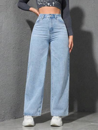 EZwear بنطال جينز فضفاض واسع الساق مع جيوب للنساء
