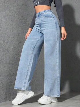 SHEIN EZwear بنطال جينز فضفاض واسع الساق مع جيوب للنساء