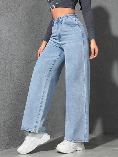 SHEIN EZwear بنطال جينز فضفاض واسع الساق مع جيوب للنساء