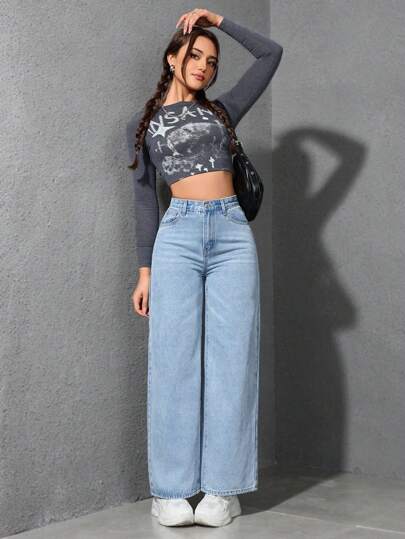 SHEIN EZwear بنطال جينز فضفاض واسع الساق مع جيوب للنساء