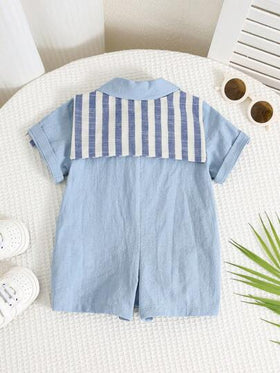 SHEIN قميص كاجوال أطفال برقبة قصيرة ذو لون سادة، رومبير مكونة من كيب مخطط وشورت، مناسبة للارتداء في فصلي الربيع والصيف، للاستخدام في المنزل والخروج