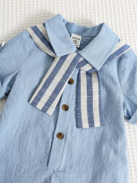 SHEIN قميص كاجوال أطفال برقبة قصيرة ذو لون سادة، رومبير مكونة من كيب مخطط وشورت، مناسبة للارتداء في فصلي الربيع والصيف، للاستخدام في المنزل والخروج