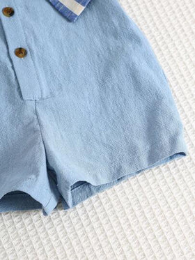SHEIN قميص كاجوال أطفال برقبة قصيرة ذو لون سادة، رومبير مكونة من كيب مخطط وشورت، مناسبة للارتداء في فصلي الربيع والصيف، للاستخدام في المنزل والخروج