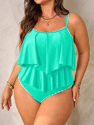 Swim Lushoire مجموعة حجم كبير للنساء لصيف الشاطئ العطلات، ملابس علوية خضراء بحمالات رفيعة واجنحة ، وشورتات ذات خصر مرتفع على شكل طيات
