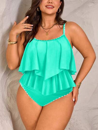 Swim Lushoire مجموعة حجم كبير للنساء لصيف الشاطئ العطلات، ملابس علوية خضراء بحمالات رفيعة واجنحة ، وشورتات ذات خصر مرتفع على شكل طيات
