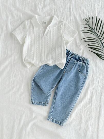 SHEIN Vintaside Kids طقم ملابس علوية بأكمام قصيرة بياقة صغيرة وبنطال جينز مغسول عتيق مناسب للاستخدام اليومي، رحلات العائلة والتخييم والتسوق