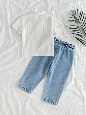 SHEIN Vintaside Kids طقم ملابس علوية بأكمام قصيرة بياقة صغيرة وبنطال جينز مغسول عتيق مناسب للاستخدام اليومي، رحلات العائلة والتخييم والتسوق