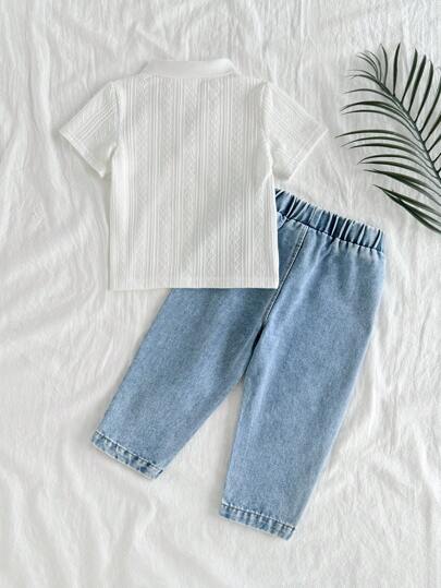 SHEIN Vintaside Kids طقم ملابس علوية بأكمام قصيرة بياقة صغيرة وبنطال جينز مغسول عتيق مناسب للاستخدام اليومي، رحلات العائلة والتخييم والتسوق