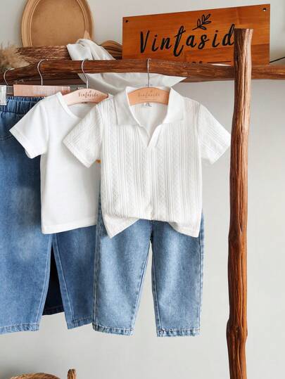 SHEIN Vintaside Kids طقم ملابس علوية بأكمام قصيرة بياقة صغيرة وبنطال جينز مغسول عتيق مناسب للاستخدام اليومي، رحلات العائلة والتخييم والتسوق