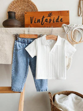 SHEIN Vintaside Kids طقم ملابس علوية بأكمام قصيرة بياقة صغيرة وبنطال جينز مغسول عتيق مناسب للاستخدام اليومي، رحلات العائلة والتخييم والتسوق